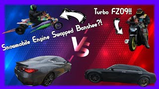 Turbo Fz09 and Snowmobile Engine Banshee New Year Day Racing [upl. by Netsrejk]