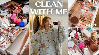 CLEAN amp DECLUTTER WITH ME  organising my ENTIRE makeup collection 💄✨ [upl. by Nnaerb]