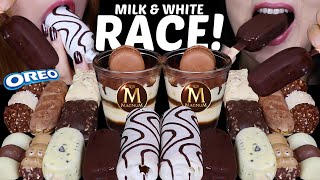 ASMR MILK amp WHITE CHOCOLATE RACE ZEBRA CAKE MINI MAGNUM TIRAMISU CUPS MILKA OREO FERRERO 먹방 [upl. by Tyrus]