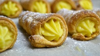 Puff Pastry Cones filled with Pastry Cream  Easy Homemade Cream Horns Recipe [upl. by Etennaej]