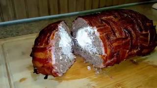 Applewood smoked jalapeno cream cheese stuffed bacon wrapped meatloaf on the 18 12quot Weber Kettle [upl. by Issy849]