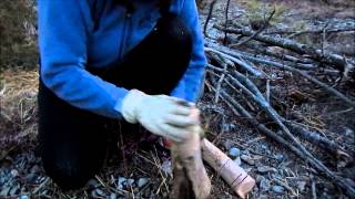 Girl splits a knotty log  with rocks [upl. by Aikemat]