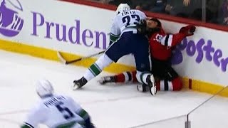 Canucks’ Alex Edler drills Devils rookie Nico Hischier from behind [upl. by Constant]