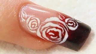 Black and Red Acrylic Nail with White Roses Tutorial [upl. by Anec]