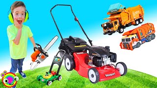 Lawn Mowers for Kids Video  Garbage Trucks Yardwork Toys  min min playtime [upl. by Gabriello]