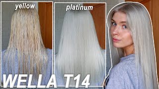 how to tone platinum hair with wella T14  yellow to platinum blonde [upl. by Arst]