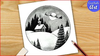 Christmas scenery drawing with pencil shading Easy Christmas art [upl. by Llevart437]