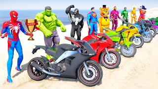 Motorcycles Challenge RACE on Cliff Roads with SuperheroesSpiderMan Goku Hulk Iron Man  GTA 5 [upl. by Adnihc]