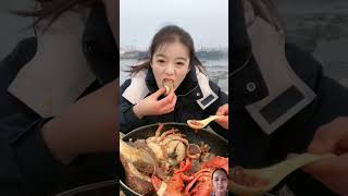 The female fishermen eat lobster king crab conch scallop and red devil shrimp todayyummy [upl. by Tabatha]