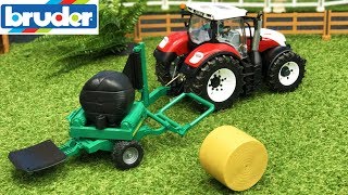 BRUDER TOYS farming  tractor Steyr and balewrapper in action video for kids [upl. by Dnalel157]