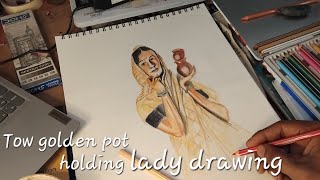 Tow golden pot holding hand Lady drawing pencildrawing TUTORIAL Biggners [upl. by Fisk]