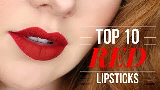 Top 10 Red Lipsticks Drugstore amp Highend  Swatches [upl. by Beauvais]