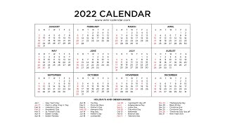 Year 2022 Calendar Printable with Holidays  Wiki Calendar [upl. by Molton]