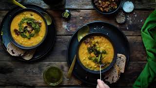 Kumara Bacon amp Red Lentil Soup with Celery Leaf Pistou Recipe  The Good Oil [upl. by Nomelihp477]