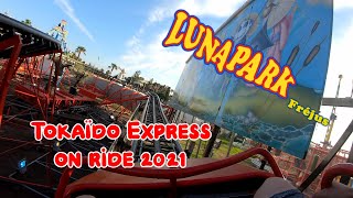 Tokaïdo Express au Luna Park Fréjus on ride 2021  Powered Coaster Mack Ride [upl. by Anawat850]