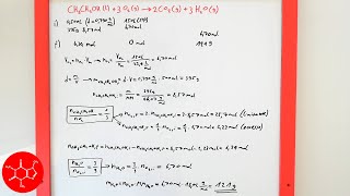 Esercizio di stechiometria C2H6OO2→CO2H2O con reagente limitantedensità Vmolare lezione chimica [upl. by Sibilla]