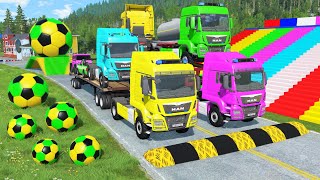 Double Flatbed Trailer Truck vs Speedbumps Train vs Cars  Tractor vs Train BeamngDrive 0194 [upl. by Sudhir]