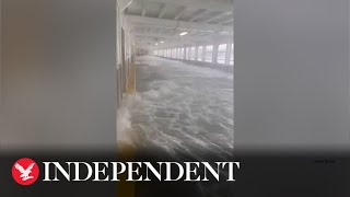 Huge waves flood ferry deck and smash against cars during Washington storm [upl. by Dougy]