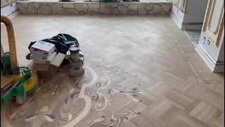 Carving design parquet into floors shortsvideo design parquet customfloors sanding [upl. by Notled]