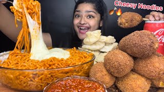 CHEESY SPICY FIRE NOODLES 🍝CRISPY CHEESY CHICKEN DRUMSTICKS KEBABS 🍗 WITH CHICKEN MOMOS MUKBANG🔥 [upl. by Nuahs]