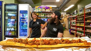 WIN 50 CASH IF YOU CAN FINISH THIS GIANT MEATBALL SUB IN CHICAGO  BeardMeatsFood [upl. by Trub]