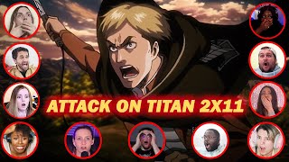 Youtubers react to ERWINS ADVAAANCE Attack On Titan Season 2 Episode 11 [upl. by Emse]