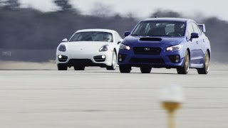 2015 Subaru WRX STI vs 2014 Porsche Cayman  STANDING MILE [upl. by Allsun]