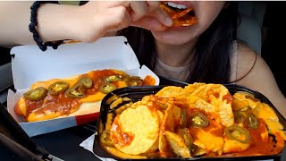 Twilight ASMR chilli cheese hotdog nachos Mukbang bites only [upl. by Feetal239]