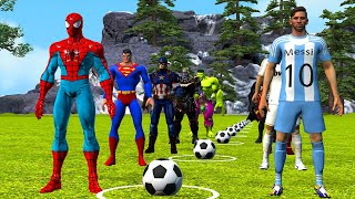 SpiderMan challenge of kicking the ball and hitting the target vs Ronaldo vs Messigame 5 superhero [upl. by Renate]