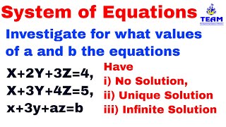 Investigate For values of a amp b the System has Unique Solution Infinite Solution No solution [upl. by Ariuqahs172]