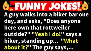 🤣FUNNY JOKES  A guy walks into a biker bar and asks quotDoes anyone here own that rottweiler [upl. by Aivilys]