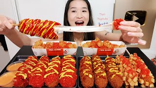 SUPER CHEESY KOREAN CORN DOGS Two Hands Corndog Spicy Cheetos Corn Dogs Tater Tots  Mukbang Asmr [upl. by Lamrej995]