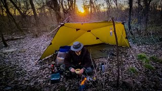 SOLO Bushcraft Camp  Oilskin Tarp Bushcraft Spain  Beginning a Wooden Knife Sheath  Camp Cooking [upl. by Gradeigh928]