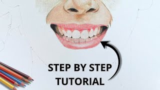 How to draw REALISTIC lips and teeth with colored pencils  Tutorial [upl. by Jacquenette]