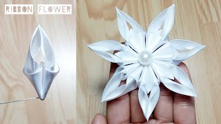 Kanzashi ribbon flower tutorialSatin ribbon craftRibbon flowers easyDiy flower making [upl. by Ennaisoj848]