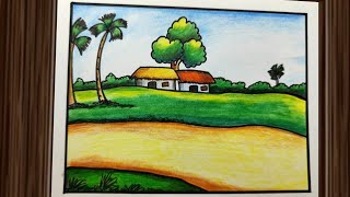 Easy Scenery Drawing  How to Draw a Beautiful Landscape Step by Step  Village Scenery Drawing [upl. by Nivrem]