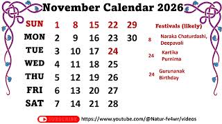 November Calendar 2026  novembercalender2026 [upl. by Goodson]