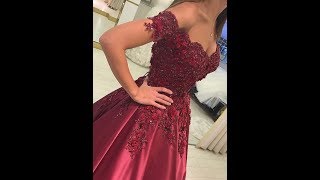 2018 Long Ball Gown OfftheShoulder Satin Burgundy Prom Dresses  HEBEOS [upl. by Pallua]