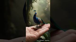 A hyperrealistic digital rendering of an impossibly tiny Peacock standing on the palm of a human [upl. by Saw869]