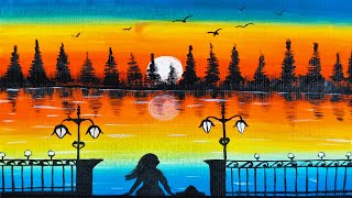 Girl Watching Sunset from Balcony  Painting Sunset Easy  Acrylic Painting Step by Step [upl. by Yelram342]