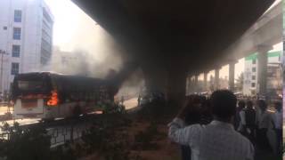 Bengaluru garment workers protest Bus set on fire at Jalahalli Cross [upl. by Ainerbas722]