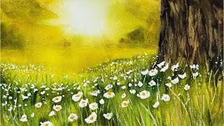 Atmospheric Landscape Watercolour Tutorial  Sunrays Trees amp Flowers [upl. by Rufford]