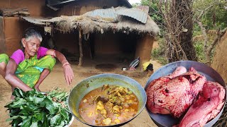 90 year old poor grandmother cooking CHICKEN curry with vegetable and eatingtraditional life [upl. by Ayatan]