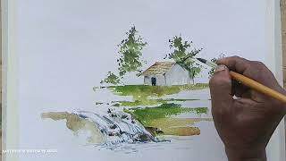 Very easy watercolour landscape painting demonstrationtutorial for beginners [upl. by Eidob]