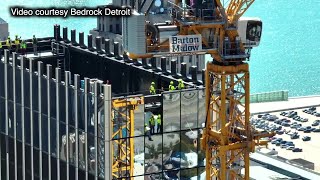 Glass panels installed at top of Hudsons Detroit Tower as exterior nears completion [upl. by Quiteria]