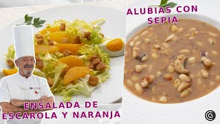 ALUBIAS BLANCAS con SEPIA  ENSALADA de escarola naranja y ajo  Recetas con Karlos Arguiñano [upl. by Lemmor]