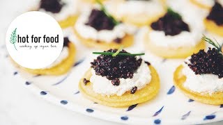 cornmeal blinis with with vegan caviar  hot for food [upl. by Id]