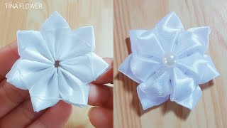 Kanzashi ribbon flower tutorialSatin ribbon craftRibbon flowers easyDiy flower making [upl. by Dempsey]