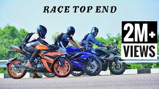 KTM RC 125 vs R15 V3 VS PULSAR RS200  DRAG RACE HIGHWAY TOP END [upl. by Azeel]