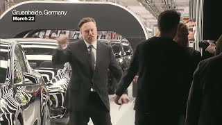 Watch Elon Musk Dances Again at Tesla Factory Opening [upl. by Bengt646]